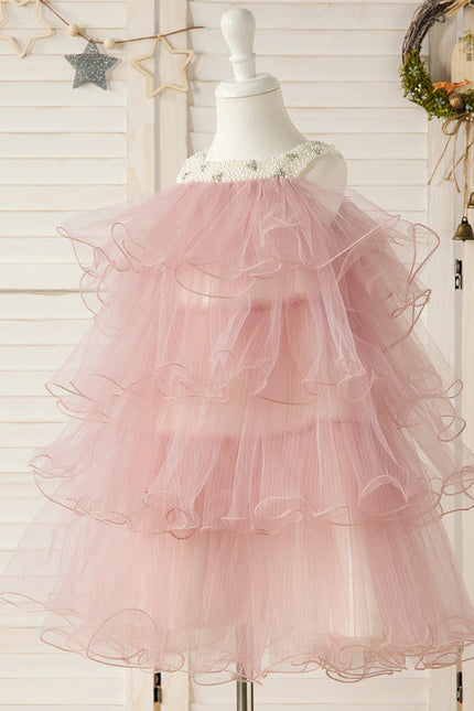 Robe De Fête En Tulle Rose Poudré À Volants Festifs. - gallery 6