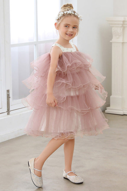 Robe De Fête En Tulle Rose Poudré À Volants Festifs. - gallery 4