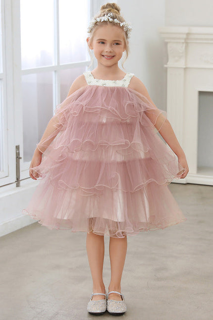 Robe De Fête En Tulle Rose Poudré À Volants Festifs. - gallery 1