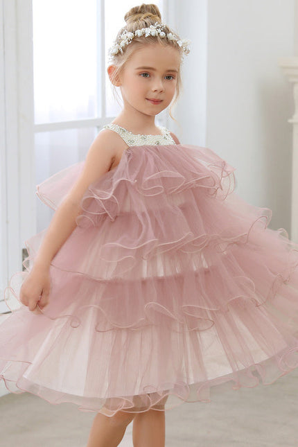 Robe De Fête En Tulle Rose Poudré À Volants Festifs. - gallery 3