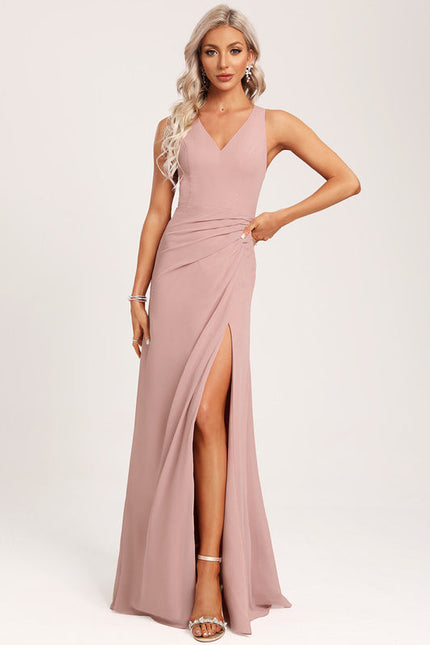 Robe De Demoiselle D'Honneur Rose Poudré À Bretelles Fines - gallery 3