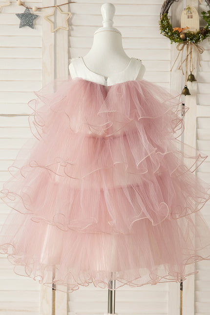 Robe De Fête En Tulle Rose Poudré À Volants Festifs. - gallery 8