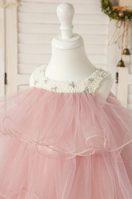 Robe De Fête En Tulle Rose Poudré À Volants Festifs. - gallery 7