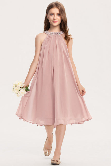 Robe De Demoiselle D'Honneur Rose Poudré À Encolure Ornée. - gallery 1