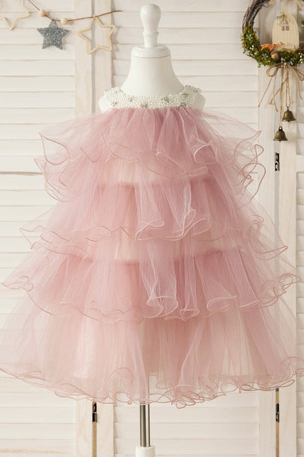 Robe De Fête En Tulle Rose Poudré À Volants Festifs. - gallery 2