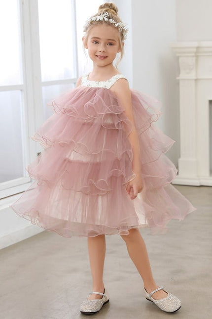 Robe De Fête En Tulle Rose Poudré À Volants Festifs.