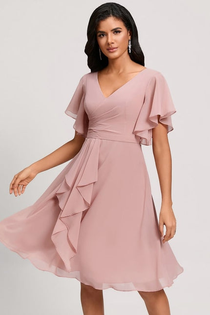 Robe De Cocktail Rose Poudré À Volants