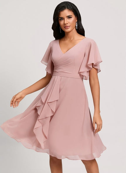 Robe De Cocktail Rose Poudré À Volants
