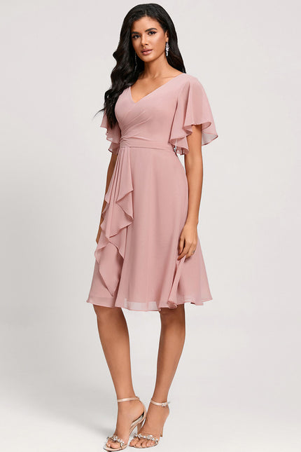 Robe De Cocktail Rose Poudré À Volants - gallery 5
