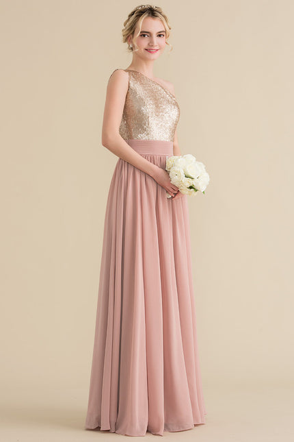 Robe De Demoiselle D'Honneur Rose Poudrée À Sequins Dorés - gallery 2