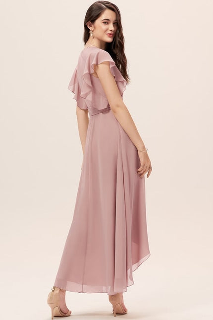 Robe De Soirée Rose Poudré À Volants Asymétriques - gallery 2