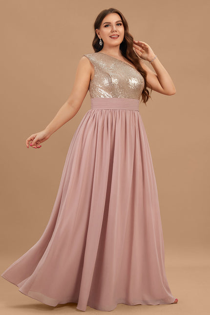 Robe De Demoiselle D'Honneur Rose Poudrée À Sequins Dorés - gallery 7