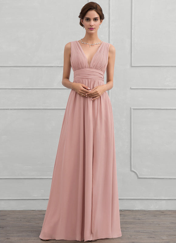 Robe De Soirée Rose Poudré À Décolleté En V - gallery 1
