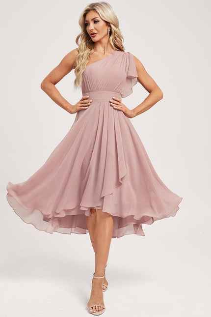 Robe De Demoiselle D'Honneur Rose Poudrée À Volants Asymétriques