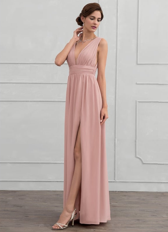 Robe De Soirée Rose Poudré À Décolleté En V