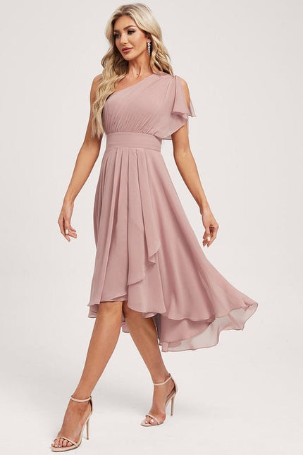 Robe De Demoiselle D'Honneur Rose Poudrée À Volants Asymétriques - gallery 1