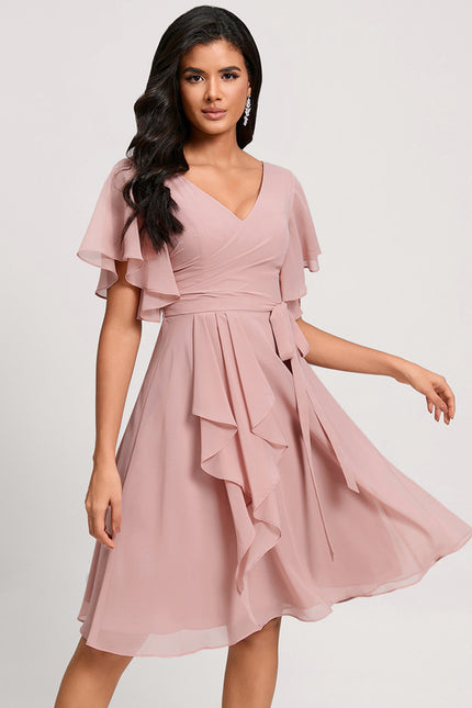Robe De Cocktail Rose Poudré À Volants - gallery 2