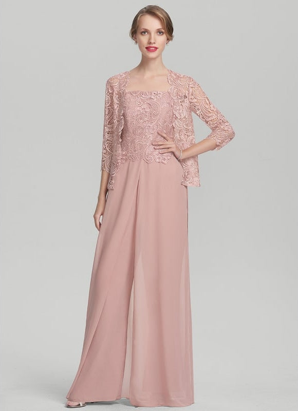 Robe De Soirée En Mousseline Rose Poudré Avec Boléro En Dentelle.