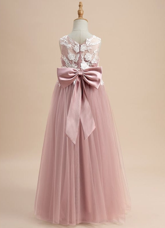 Robe De Fête En Tulle Rose Poudré Avec Nœud Satin.