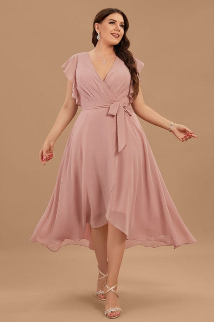Robe De Soirée Rose Poudré À Volants Asymétriques - gallery 7