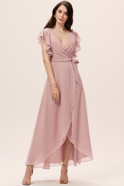 Robe De Soirée Rose Poudré À Volants Asymétriques - gallery 1