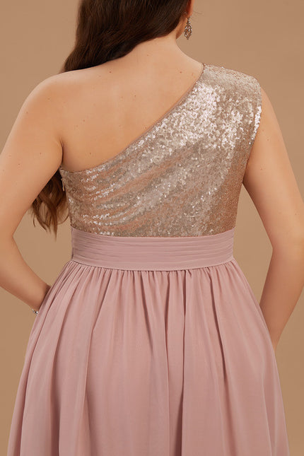 Robe De Demoiselle D'Honneur Rose Poudrée À Sequins Dorés - gallery 8