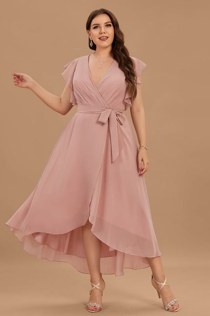 Robe De Soirée Rose Poudré À Volants Asymétriques - gallery 4