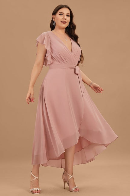 Robe De Soirée Rose Poudré À Volants Asymétriques - gallery 9