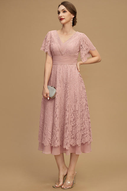 Robe De Mère De La Mariée Rose Poudrée À Dentelle - gallery 7