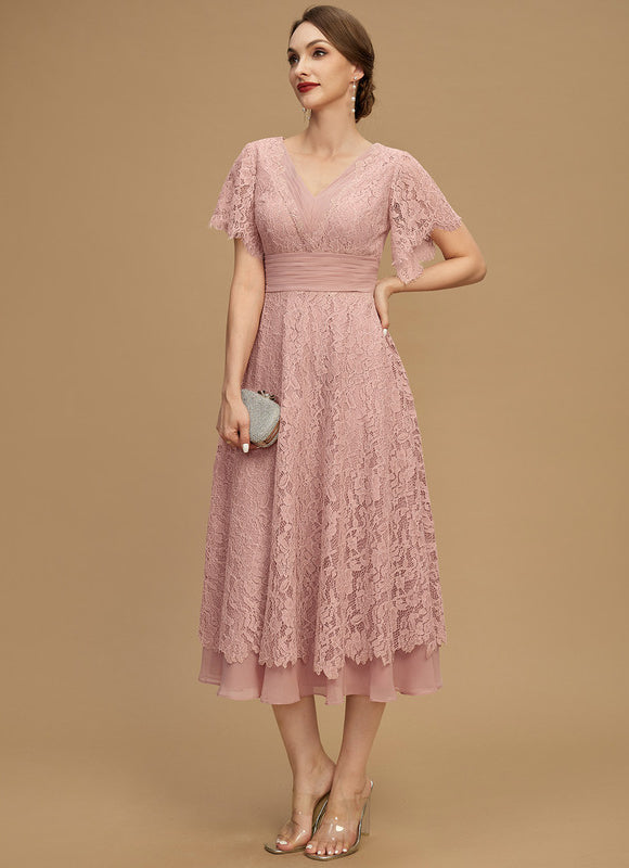 Robe De Mère De La Mariée Rose Poudrée À Dentelle - gallery 7