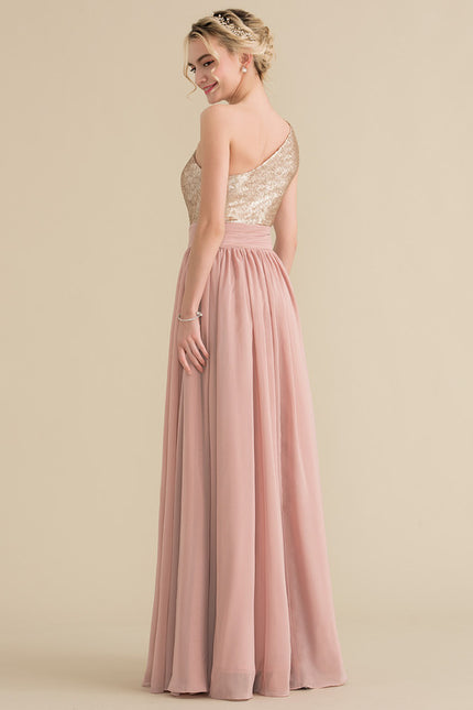 Robe De Demoiselle D'Honneur Rose Poudrée À Sequins Dorés - gallery 3