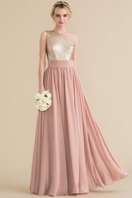 Robe De Demoiselle D'Honneur Rose Poudrée À Sequins Dorés