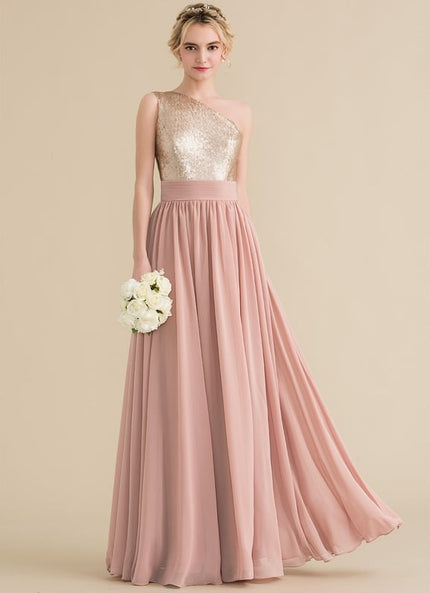 Robe De Demoiselle D'Honneur Rose Poudrée À Sequins Dorés